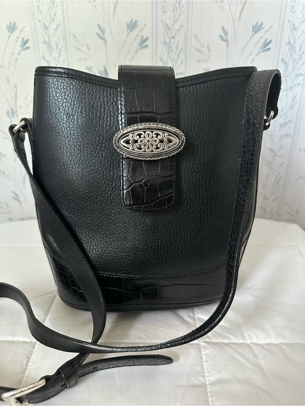 Brighton Black Pebbled & Croc-Accent Crossbody